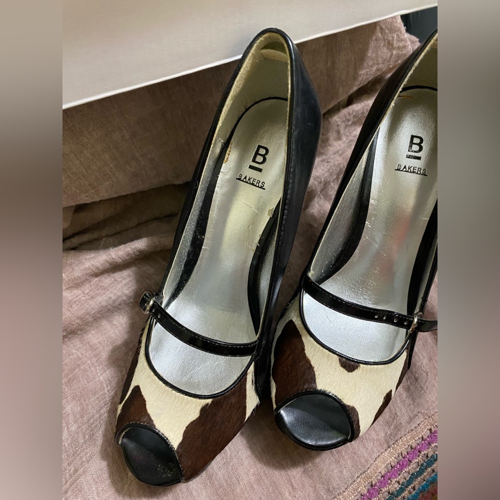 Bakers Cow Print Peep-Toe Mary Jane Heels in Black and Brown